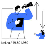 A man holds a telescope and a tablet, looking forward while a woman points upward. Arrows indicate upward and downward directions. Ideal for leadership, vision, career growth, development, strategy. Man with Telescope and Woman Pointing with Arrows Up and Down Depicts Leadership and Direction. Стоковая иллюстрация, агентство Ingram Publishing / Фотобанк Лори