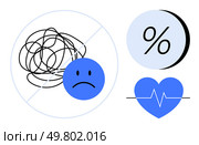 Blue sad face next to black scribble, percentage symbol, blue heart with heartbeat line. Ideal for mental health, stress management, health care, emotional wellbeing, statistical analysis, meditation. Simplified Symbols Representing Stress Relief, Health, and Mental Wellbeing Concepts in Blue and White. Стоковая иллюстрация, агентство Ingram Publishing / Фотобанк Лори