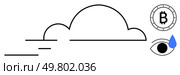 Simplistic cloud shape, stylized bitcoin coin, eye with a blue teardrop. Ideal for finance, cryptocurrency, technology, emotions, internet, cloud computing, minimalism concepts. Line metaphor. Symbolic cloud with bitcoin coin eye and blue tear drop. Стоковая иллюстрация, агентство Ingram Publishing / Фотобанк Лори