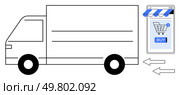 Delivery truck and mobile phone with buy button symbolize the online shopping process. Ideal for e-commerce, deliveries, logistics, retail, and technology. Simple vector style. Online Shopping Delivery Concept with Truck and Mobile Phone. Стоковая иллюстрация, агентство Ingram Publishing / Фотобанк Лори