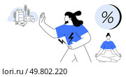 Person avoiding fish, dairy, and wheat while holding stomach in discomfort. Meditation pose for balance and health improvement. Ideal for health, diet, fitness, meditation, wellness, nutrition. Person Avoiding Unhealthy Food While Meditating for Wellness and Mindfulness with Percentage Symbol. Стоковая иллюстрация, агентство Ingram Publishing / Фотобанк Лори
