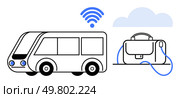 Bus and briefcase connected by cable to wireless and cloud icon. Ideal for smart transportation, future mobility, IoT, business travel, network connectivity, technology integration, cloud services. Smart Transportation Concept with Connected Bus and Cloud Computing for Efficient Commuting. Стоковая иллюстрация, агентство Ingram Publishing / Фотобанк Лори