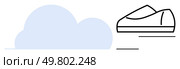 Simple outline of a running shoe in motion next to a cloud icon. Ideal for tech, fitness, cloud computing, speed, connectivity, futuristic concepts, streamlined processes. Line metaphor. Cloud and Running Shoe Symbolizing Speed and Connectivity. Стоковая иллюстрация, агентство Ingram Publishing / Фотобанк Лори