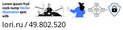 Abstract elements including random Latin text, cryptocurrency mining symbol with pickaxe and coins, person pointing at blockchain, shield with lock. Ideal for technology, finance, cybersecurity. Exploring Concepts Cryptocurrency Mining, Blockchain, and Cybersecurity Illustrated Simply. Стоковая иллюстрация, агентство Ingram Publishing / Фотобанк Лори