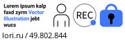 Black outline of a person, REC circle icon with blue dot, and blue padlock symbolize secure recording and data protection. Ideal for cybersecurity, privacy policies, secure recordings, data. Secure Recording Concept with User Icon and Blue Padlock Symbol for Data Privacy. Стоковая иллюстрация, агентство Ingram Publishing / Фотобанк Лори