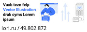 Man holding Cash Back sign, browser window above, payment terminal issuing receipt, arrows pointing upward. Ideal for finance, e-commerce, online payment, cashback offers, business growth, digital. Man Holding Cash Back Sign with Payment Terminal and Upward Graph Elements in Blue. Стоковая иллюстрация, агентство Ingram Publishing / Фотобанк Лори