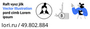Person profile within circle, cryptocurrency blockchain symbol, and character with clipboard pointing. Ideal for tech presentations, educational content, team portfolios, crypto blogs, digital. Professional Persona, Cryptocurrency Blockchain, and Tech Advisor Characters for Digital Content. Стоковая иллюстрация, агентство Ingram Publishing / Фотобанк Лори