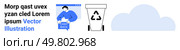 Man holding cashback sign, large recycling bin with recyclable symbol, and a blue cloud. Ideal for environment, finance, recycling programs, eco-friendly campaigns, digital services, cashback. Man handling cashback process, recycling bin with recycle logo, and blue cloud element. Стоковая иллюстрация, агентство Ingram Publishing / Фотобанк Лори
