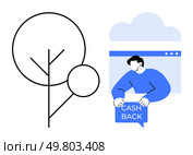 Minimalist drawing of a tree and a person holding a sign reading CASH BACK. Ideal for finance, technology, rewards, eco-friendliness, digital marketing. Modern, minimalist, clean. Simplified Cash Back Concept with Technology and Eco-friendly Themes. Стоковая иллюстрация, агентство Ingram Publishing / Фотобанк Лори