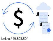 Large dollar sign with circular arrows, representing financial transactions. Blue checkmark on receipts indicates verification. Ideal for finance, transactions, invoicing, cloud storage. Dollar Sign and Invoices with Cloud Storage and Verification Symbol. Стоковая иллюстрация, агентство Ingram Publishing / Фотобанк Лори