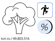 Tree outline, fitness symbol, and percentage icon merge nature, health, and savings. Ideal for environmental initiatives, fitness programs, discount campaigns, sustainable living, wellness. Symbolic Tree Outline with Fitness and Discount Icons for Eco-Friendly Health and Savings Themes. Стоковая иллюстрация, агентство Ingram Publishing / Фотобанк Лори