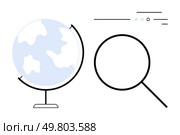 Earth globe with blue continents beside a large magnifying glass. Ideal for global search, geography studies, exploration, education, discovery, research, travel. Line metaphor. Earth Globe with Magnifying Glass Highlighting Global Search and Exploration Themes. Стоковая иллюстрация, агентство Ingram Publishing / Фотобанк Лори
