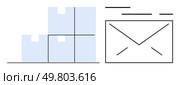 Stack of three boxes next to an envelope with lines suggesting motion. Ideal for logistics, e-commerce, package delivery, mail services, inventory management, and communication. Banner for landing. Simplified Boxes and Envelope Line Art for Logistics, Shipping, and Communication. Стоковая иллюстрация, агентство Ingram Publishing / Фотобанк Лори