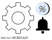 Gear symbol for settings, bell icon for notifications, percentage sign for analytics or statistics. Ideal for business, productivity, finance, technology, user interface design, mobile applications. Gear, Notification Bell, and Percentage Sign Representing Settings, Alerts, and Analytics. Стоковая иллюстрация, агентство Ingram Publishing / Фотобанк Лори