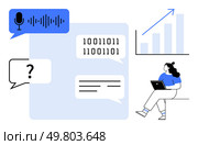 Binary code, speech bubbles, microphone icon, chat box, bar chart with upward arrow, seated woman with laptop. Ideal for technology, education, business, communication, software development, data. Digital communication tools symbolized with charts, code, and user analyzing data on a laptop. Стоковая иллюстрация, агентство Ingram Publishing / Фотобанк Лори
