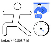 A minimalistic vector illustration showcasing a human figure in a stretching pose, a clock indicating time, and a person receiving a cash back notification. Ideal for time management, financial. Conceptual Representation of Time Management and Financial Reward. Стоковая иллюстрация, агентство Ingram Publishing / Фотобанк Лори