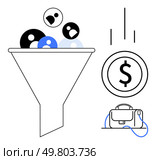 Funnel filled with avatars converts to dollar sign beside briefcase. Ideal for marketing, sales, conversion, business success, finance, profit growth, customer acquisition. Line metaphor. Marketing funnel with avatars converting into a dollar sign and a briefcase representing successful outcomes. Стоковая иллюстрация, агентство Ingram Publishing / Фотобанк Лори