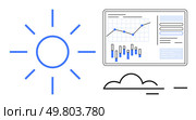 Sun icon alongside a weather dashboard displaying a line graph and bar chart. Ideal for climate analysis, weather forecasting, environmental science, data representation, education materials. Weather Dashboard with Sun Icon and Data Graphs Highlighting Climate Trends and Forecasts. Стоковая иллюстрация, агентство Ingram Publishing / Фотобанк Лори