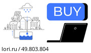 Houses with solar panels harnessing rainwater into an underground tank. Adjacent BUY button above a laptop. Ideal for green energy, sustainability, water conservation, rain harvesting, e-commerce. Sustainable Energy Community with Rainwater Harvesting and Online Shopping Concept. Стоковая иллюстрация, агентство Ingram Publishing / Фотобанк Лори