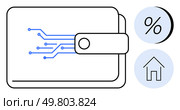 Digital wallet with electronic circuits and two icons percentage rate and house. Ideal for finance, banking, digital payments, online transactions, technology, real estate, budget management. Line. Digital wallet with circuit lines and icons representing percentage rate and home ownership. Стоковая иллюстрация, агентство Ingram Publishing / Фотобанк Лори