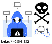 Hooded figure using a laptop with warning symbol connected to multiple devices, alongside a skull and crossbones, and a briefcase. Ideal for cybersecurity, hacking, data protection, online threats. Cyber Hacker in Hoodie with Laptop and Warning Icons Highlighting Malware Threats and Cybersecurity. Стоковая иллюстрация, агентство Ingram Publishing / Фотобанк Лори