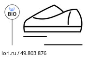 Outline of a shoe with a bio label featuring a leaf, indicating eco-conscious design. Ideal for sustainable products, eco-friendly fashion, organic materials, green business, ethical consumption. Minimalist Line Art of a Sustainable Shoe with Bio Label Indicating Eco-Friendly Product. Стоковая иллюстрация, агентство Ingram Publishing / Фотобанк Лори
