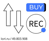 Up and down arrows, blue Buy button, circle with REC and blue dot. Ideal for finance, trading, stock market, investments, e-commerce, business, marketing. Line metaphor. Stock Market Trade Signals with Buy Button and Record Symbol Highlight Key Actions. Стоковая иллюстрация, агентство Ingram Publishing / Фотобанк Лори