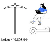 Woman sitting with laptop, large pickaxe, and key symbolizing digital mining and security. Ideal for technology, cybersecurity, data mining, blockchain, online security, digital workspaces. Woman with Laptop, Pickaxe, and Key Representing Digital Mining and Security. Стоковая иллюстрация, агентство Ingram Publishing / Фотобанк Лори