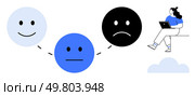 Three emoticon faces transitioning from happy to neutral to sad, connected by dashed lines. Remote worker using laptop, sitting on edge of a cloud. Ideal for mental health, mood tracking. Emotions from Happiness to Sadness Highlighted by Remote Worker on Laptop. Стоковая иллюстрация, агентство Ingram Publishing / Фотобанк Лори