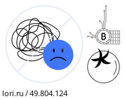 A blue sad face over tangled lines, a Bitcoin symbol with circuit elements, and a stylized black star in a circle. Ideal for mental health, complexity, cryptocurrency, simplicity, innovation. Simplifying Complexity From Confusion to Cryptocurrency and Beyond. Стоковая иллюстрация, агентство Ingram Publishing / Фотобанк Лори