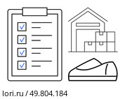 Clipboard with checklist, warehouse building and boxes, and barcode scanner. Ideal for logistics, inventory management, supply chain, shipping, stocktaking, order fulfillment, warehousing. Line. Efficient Warehouse Operations Depicted with Checklist, Storage Building, and Hand Scanner. Стоковая иллюстрация, агентство Ingram Publishing / Фотобанк Лори