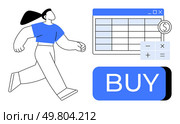 Person walking confidently towards a spreadsheet with a currency symbol, calculator, and prominent BUY button. Ideal for financial planning, budgeting, investment advice, payroll, e-commerce. Person walking confidently, spreadsheet with currency, calculator, and prominent BUY button indicating financial. Стоковая иллюстрация, агентство Ingram Publishing / Фотобанк Лори
