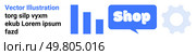Contains a bar chart, a speech bubble with the word Shop, and a cogwheel. Ideal for online shopping, technical services, e-commerce, business analytics, and marketing campaigns. Banner for landing. Bright and Engaging E-commerce Banner with Shopping and Technical Themes. Стоковая иллюстрация, агентство Ingram Publishing / Фотобанк Лори