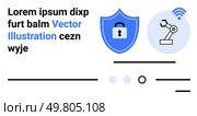 Shield with lock signifies security, robotic arm symbolizes automation, and wireless signal hints at connectivity. Ideal for tech, cybersecurity, automation, robotics, innovation, IoT, and industry. Secure Robotics Automation with Shield Icon and Wireless Technology Elements. Стоковая иллюстрация, агентство Ingram Publishing / Фотобанк Лори