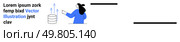 Woman in blue pointing at a cylindrical database graphic with upward arrows. Placeholder text on the left. Ideal for IT solutions, data management, tech presentations, educational materials. Woman in Blue Pointing at Database Graphic with Arrows and Placeholder Text. Стоковая иллюстрация, агентство Ingram Publishing / Фотобанк Лори