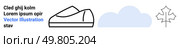 Black line art shoe design, blue cloud, and leaf outline. Ideal for minimalist designs, fashion, nature, weather presentations, and modern themes. Suitable for digital media. Marketing collateral. Minimalistic Vector Shoe Design, Blue Cloud, and Leaf Outline for Modern Themes. Стоковая иллюстрация, агентство Ingram Publishing / Фотобанк Лори