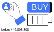 Hand holding user profile icon, next to BUY button and battery icon. Ideal for marketing strategies, user interaction, customer acquisition, e-commerce, technology, online shopping, user engagement. Hand holding user profile icon near BUY button and battery representation in blue and black. Стоковая иллюстрация, агентство Ingram Publishing / Фотобанк Лори