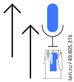 Two large black arrows pointing upward next to a blue microphone and a clothing rack with hanging garments. Ideal for fashion industry, communication, growth, success, retail, entrepreneurship. Growth and Success in Fashion and Communication Represented by Upward Arrows, Microphone, and Clothing Rack. Стоковая иллюстрация, агентство Ingram Publishing / Фотобанк Лори