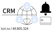 CRM text adjacent to globe with user avatars, notification bell, and credit card. Ideal for business management, customer service, notifications, online payments, global networking, user engagement. CRM Icon with Global Network, User Avatars, Notification Bell, and Credit Card Elements. Стоковая иллюстрация, агентство Ingram Publishing / Фотобанк Лори