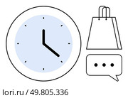 Clock with black hands and blue face, shopping bag, and chat bubble with ellipsis. Ideal for time management, retail planning, customer service, online shopping, productivity tips, efficiency in. Time Management for Shopping Clock, Shopping Bag, and Chat Bubble Indicating Efficient Choices. Стоковая иллюстрация, агентство Ingram Publishing / Фотобанк Лори