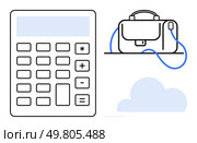 Calculator with numeric and function keys, a briefcase with a strap, and a cloud. Ideal for finance, accounting, business trips, cloud computing, corporate management, digital tools, technology. Calculator with Briefcase and Cloud Elements Representing Business Management and Technology Integration. Стоковая иллюстрация, агентство Ingram Publishing / Фотобанк Лори