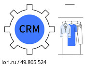 CRM gear icon beside a clothing rack with three hanging garments a shirt, dress, and pants. Ideal for retail management, clothing stores, customer relationship, inventory tracking, fashion. CRM gear icon next to clothing rack with shirts and pants highlighting retail business management. Стоковая иллюстрация, агентство Ingram Publishing / Фотобанк Лори