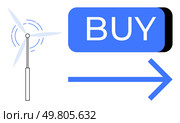 Wind turbine with BUY button and blue directional arrow. Ideal for online shopping, renewable energy products, e-commerce promotions, sustainability campaigns, digital interfaces, user experience. Wind turbine with a large BUY button and a blue arrow pointing right signifying purchase direction. Стоковая иллюстрация, агентство Ingram Publishing / Фотобанк Лори