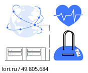 Globe with interconnected nodes, heart with heartbeat line, data servers, and shopping bag with tag. Ideal for technology, health, e-commerce, global network, digital transformation online business. Global Connectivity, Healthcare, Data Servers and Shopping Modern Digital Interconnectedness Themes. Стоковая иллюстрация, агентство Ingram Publishing / Фотобанк Лори