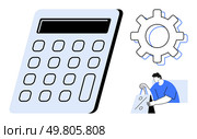 Large calculator, cogwheel symbolizing settings, person placing item in shopping bag near blue square. Ideal for business, finance, technology, retail, management, budgeting and ecommerce. Large calculator, cogwheel, and person placing item in shopping bag, symbolizing calculation and management. Стоковая иллюстрация, агентство Ingram Publishing / Фотобанк Лори