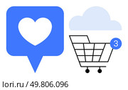 Heart inside blue notification, shopping cart with item count three, and cloud. Ideal for e-commerce, notifications, favorites, digital shopping, data storage online purchases cloud computing. Line. Heart Notification, Shopping Cart with Items Counter, and Cloud Symbol for Online Shopping. Стоковая иллюстрация, агентство Ingram Publishing / Фотобанк Лори