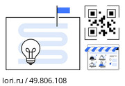 Lightbulb symbolizing ideas, a blue-flagged path, a QR code, online store interface. Ideal for business strategy, innovation, e-commerce, marketing technology startups and digital solutions. Line. Strategic Path with Lightbulb Idea, QR Code, and Online Store Interface for Business Solutions. Стоковая иллюстрация, агентство Ingram Publishing / Фотобанк Лори