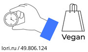 Hand holding a clock beside a shopping bag labeled Vegan. Ideal for time management, ethical shopping, sustainability, vegan lifestyle, eco-conscious choices, scheduling, eco-friendly shopping. Line. Hand Holding Clock with Shopping Bag and Vegan Label Highlighting Sustainable Lifestyle Choices. Стоковая иллюстрация, агентство Ingram Publishing / Фотобанк Лори