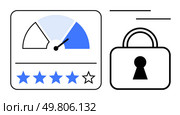 Performance meter with pointer, five-star rating with one empty star, and padlock. Ideal for security, quality assurance, customer satisfaction, performance evaluation, data protection. Performance Meter, Star Rating, and Lock Illustrating Security and Quality Assessment. Стоковая иллюстрация, агентство Ingram Publishing / Фотобанк Лори