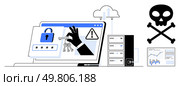 Laptop with password input, keys, lock, warning sign, skull and crossbones, cloud, server, data graph. Ideal for cybersecurity, hacking, data protection, IT security online safety malware. Cybersecurity threats with ransomware attack, password protection, and data vulnerability. Стоковая иллюстрация, агентство Ingram Publishing / Фотобанк Лори